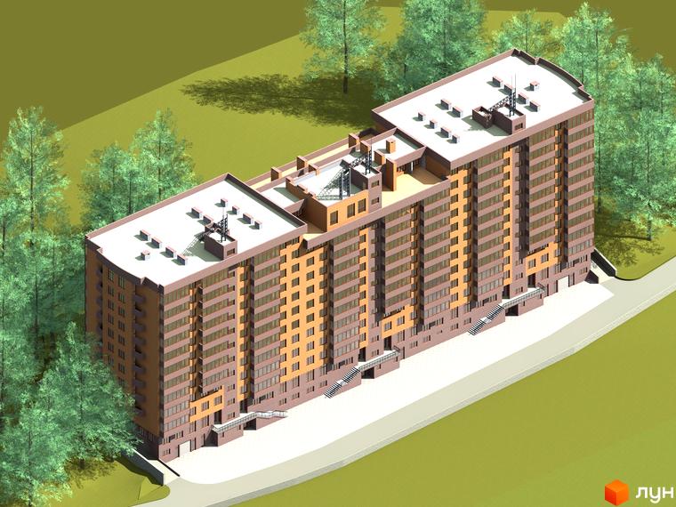 Зовнішній вигляд багатоквартирного будинку на вул. Нововокзальна, 69-75, з прибудинковою територією та деревами. Будинок має багато вікон та балконів, а також плоский дах з технічними спорудами.