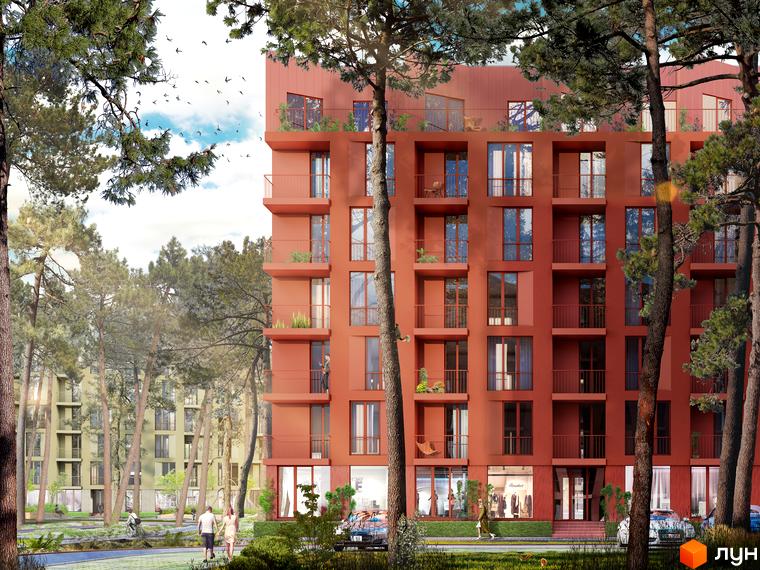 Будинок житлового комплексу O2 Residence червоного кольору з балконами та великими вікнами. Навколо будинку зелені дерева та доглянута прибудинкова територія з доріжками та людьми.