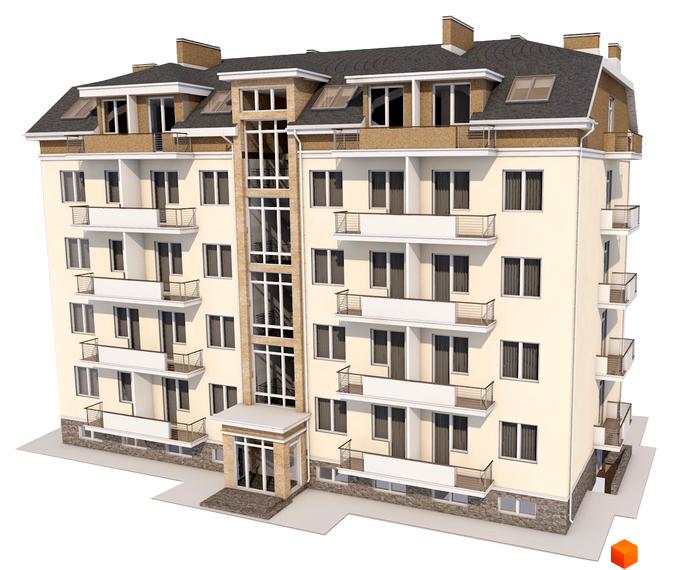 Житловий комплекс Центральний: багатоповерхова новобудова зі світлим фасадом, балконами та скляним ліфтовим холом. Навколо будинку облаштована територія.