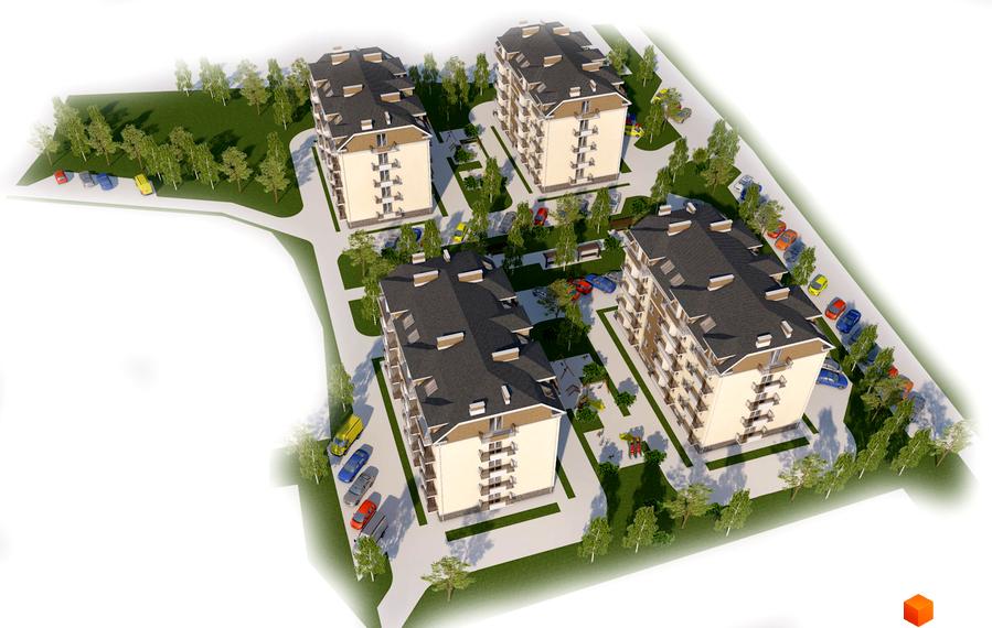 Житловий комплекс Центральний: триповерхові будинки з темним дахом та світлими фасадами, розташовані серед дерев та парковок з автомобілями.