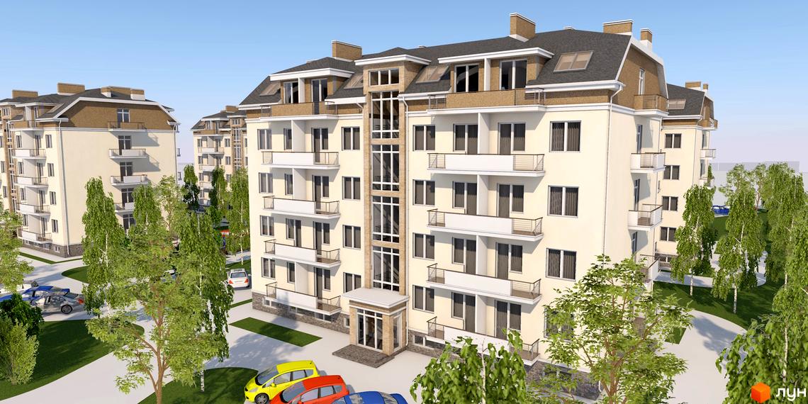 Зовнішній вигляд новобудови ЖК Центральний з балконами та вікнами. Навколо будинку розташовані дерева та припарковані автомобілі.