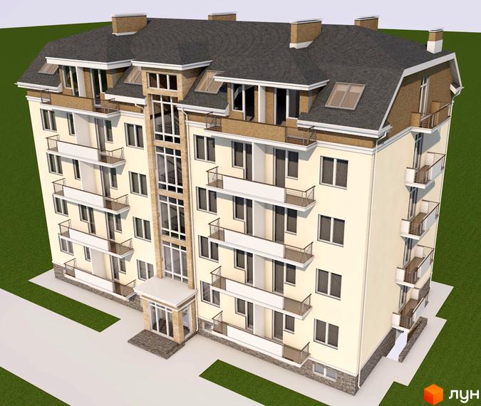 Житловий комплекс Центральний – це багатоповерхова новобудова кремового кольору з балконами та великими вікнами. Будинок оточений зеленою травою та вимощеною територією.