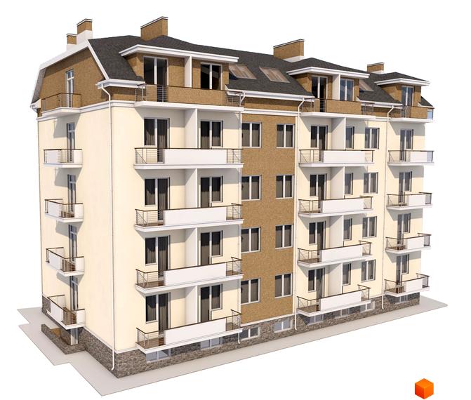 Житловий комплекс Центральний: фасад будинку з балконами та вікнами. Зовнішній вигляд новобудови з мансардними вікнами та черепичним дахом.