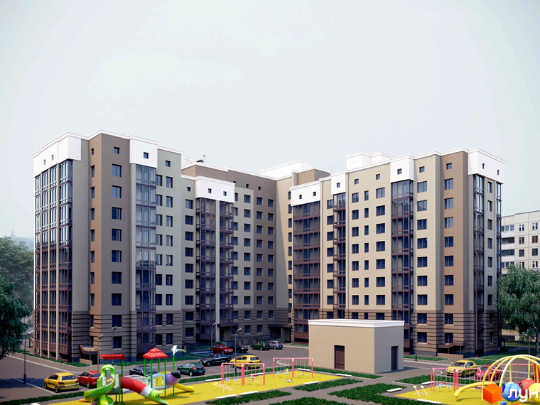 Зображення фасаду багатоповерхового будинку в Житловому комплексі Мрія. На передньому плані дитячий майданчик та припарковані автомобілі.