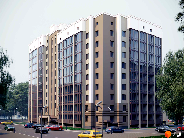 Житловий комплекс Мрія: багатоповерховий будинок у бежево-коричневих тонах з великими вікнами. Поруч дорога з автомобілями та зелені дерева.