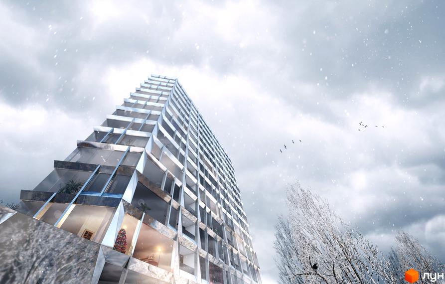 Житловий комплекс Philadelphia Concept House у зимовому пейзажі. Сучасна архітектура з виступаючими балконами та скляними фасадами, що відбивають небо. Навколо будівлі дерева в інеї та падаючий сніг.