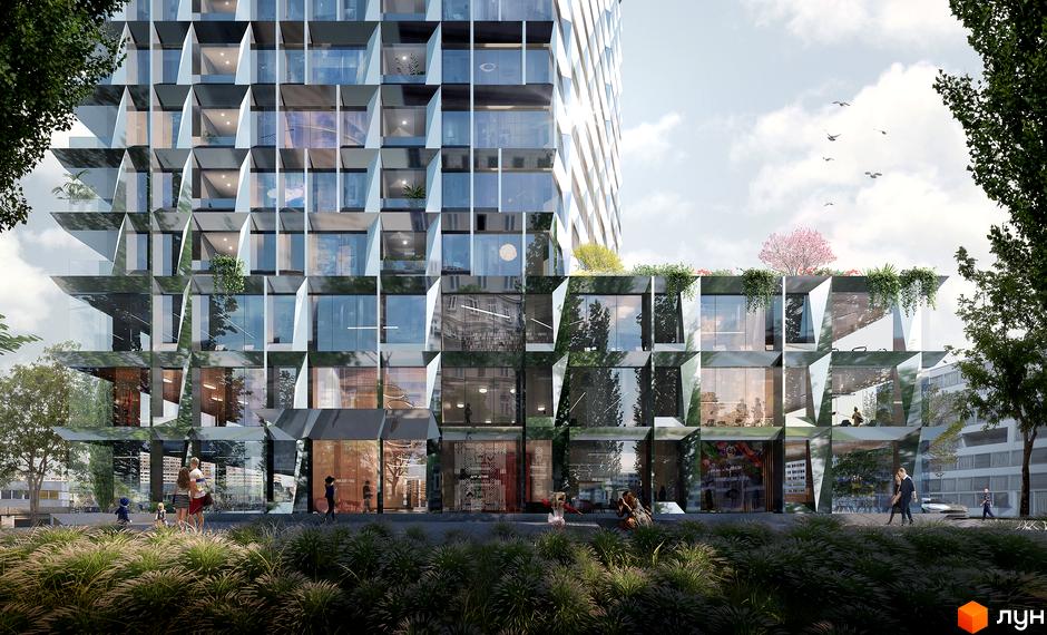 Philadelphia Concept House - новобудова з унікальним фасадом та скляними елементами. Навколо будинку зелена зона з деревами та людьми.