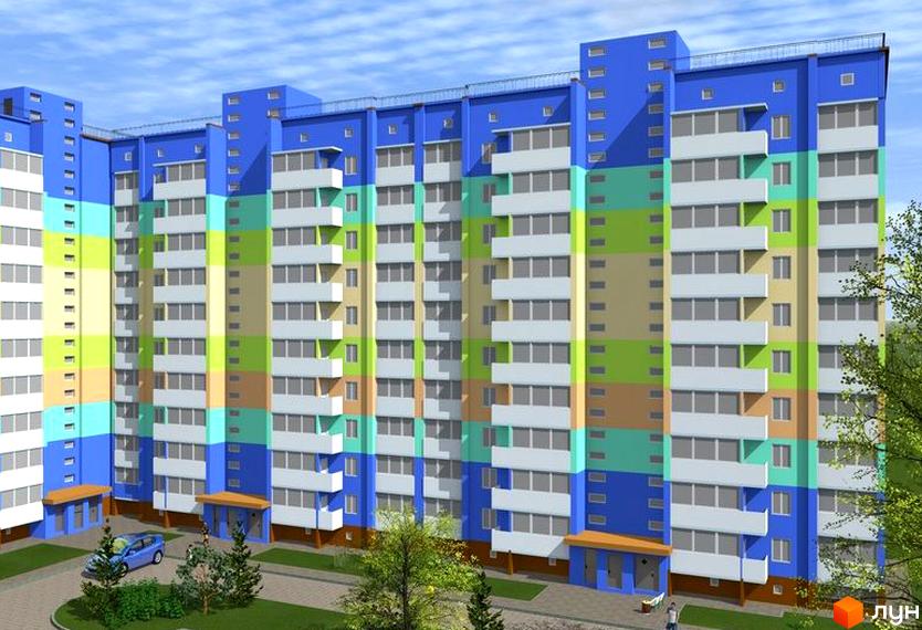 Зображення багатоповерхового будинку на вулиці Параджанова, 9. Фасад розфарбований в різні кольори, великі вікна та балкони.