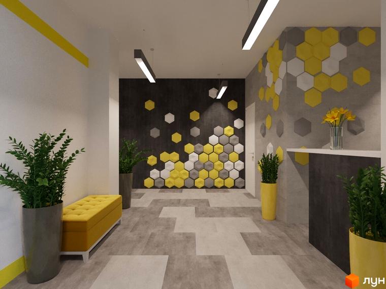 Дизайн холу житлового комплексу Медовий. Стильні шестикутні панелі на стінах у жовтих та сірих тонах, зручна лава для сидіння та зелені рослини в горщиках створюють затишну атмосферу.