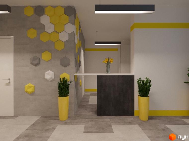 Інтер'єр лобі Житлового комплексу Медовий: рецепція, стіна з жовтими та сірими шестикутними панелями, та високі вазони з рослинами.