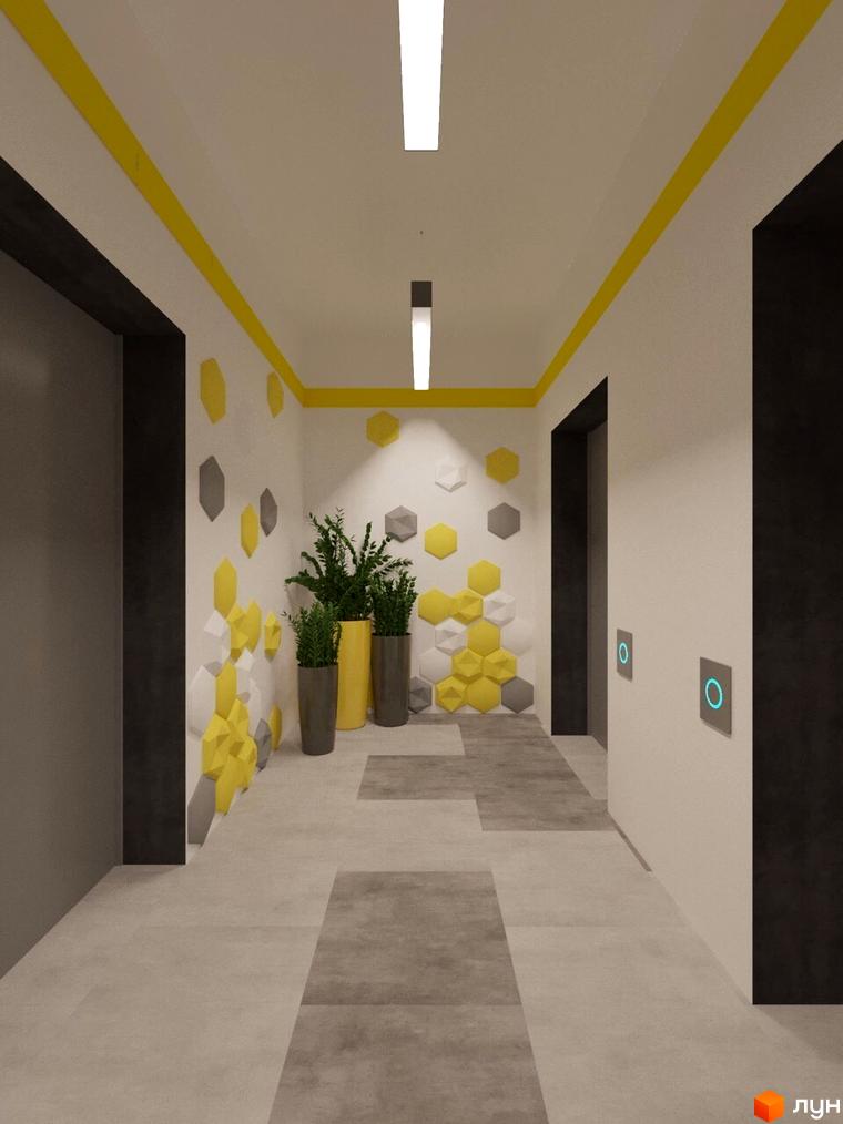 Дизайн інтер'єру холу Житлового комплексу Медовий: білі стіни з жовтими та сірими шестикутниками, підлога з плитки, зелені рослини.