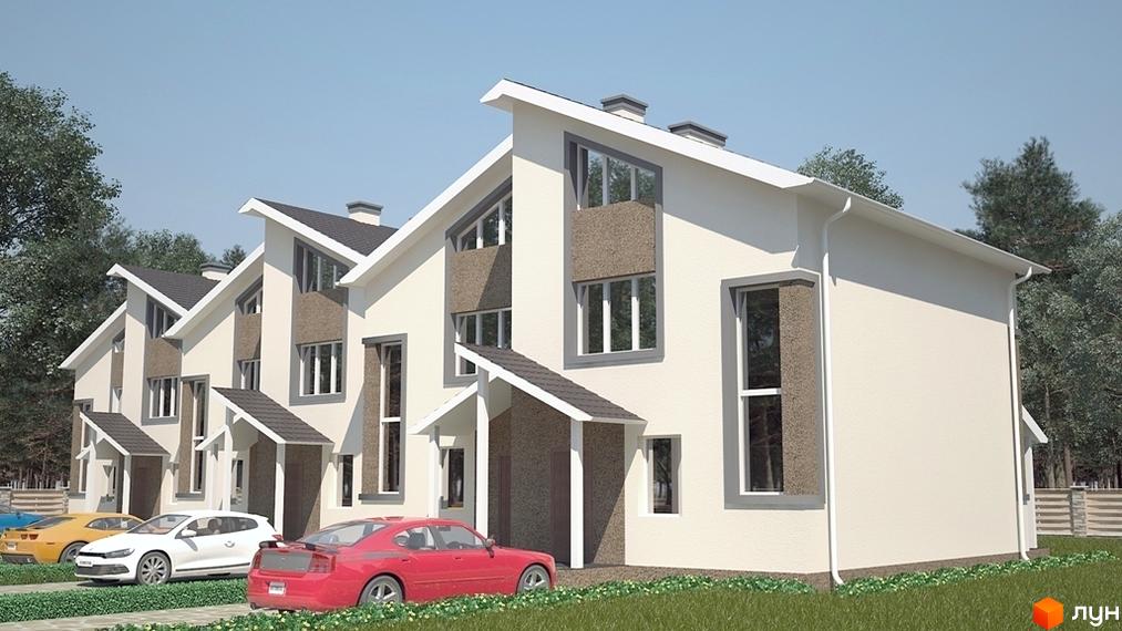 Ряд світлих двоповерхових будинків з похилими дахами та темними віконними рамами. Житловий комплекс на вул. Патріотів, 2 з парковкою та газоном.