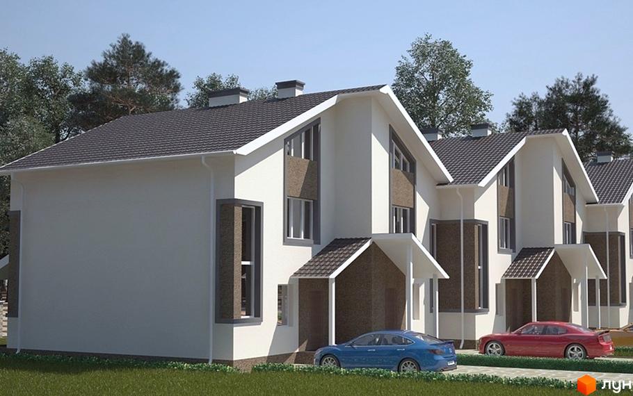 Зображення фасаду та прибудинкової території житлового району по вулиці Патріотів, 2. На передньому плані автомобілі на парковці.