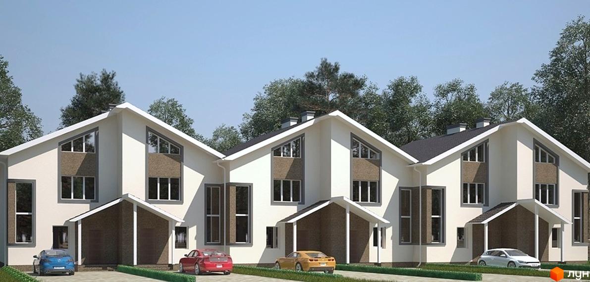 Новобудова на вул. Патріотів, 2: ряд двоповерхових будинків з білими фасадами, темними дахами та вікнами різної форми. Перед будинками зелений газон та автомобілі.