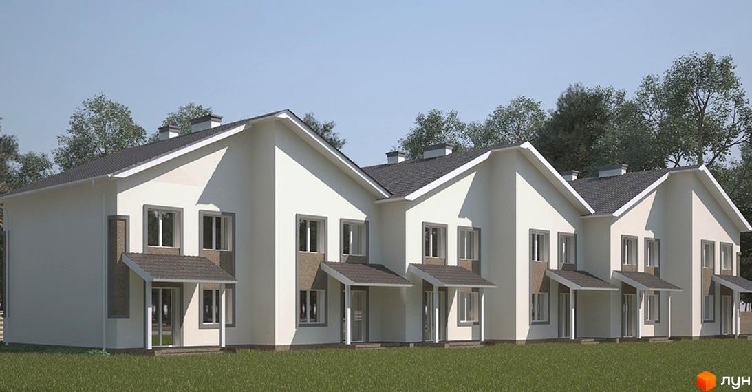 Котеджний комплекс на вул. Патріотів, 2. Ряд білих котеджів з сірими дахами, коричневими акцентами та зеленим газоном.