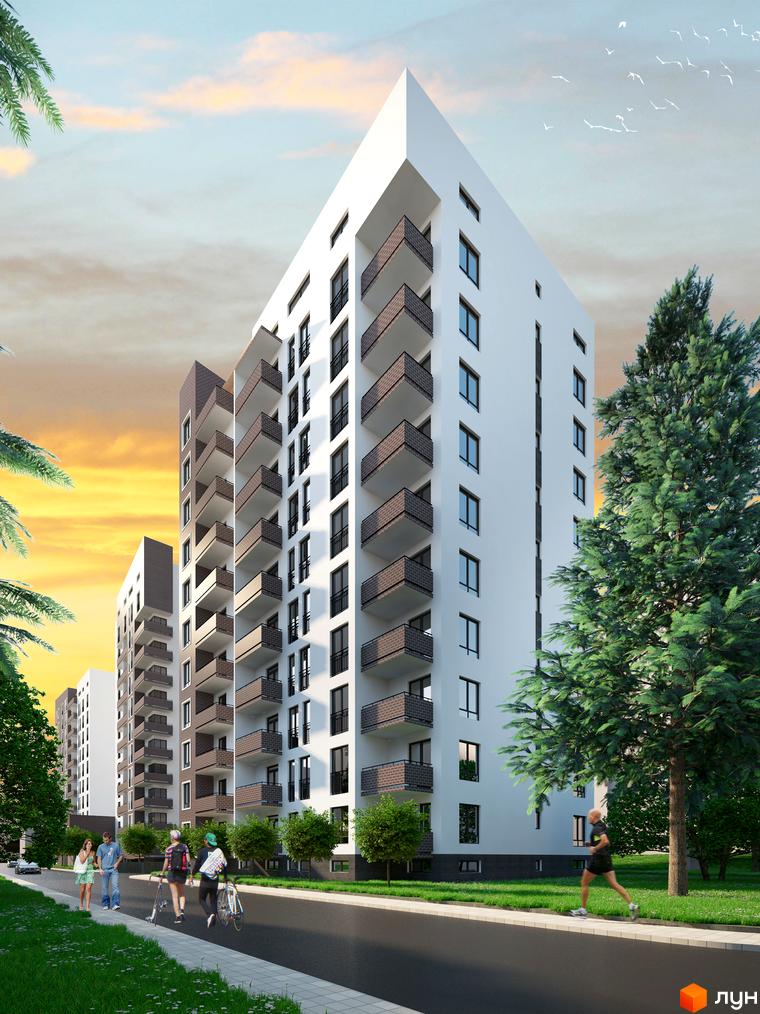 Високі білі будинки з балконами. Поруч зелені дерева та люди, що гуляють та бігають по вулиці. ЖК Еко-дім на Мечникова.