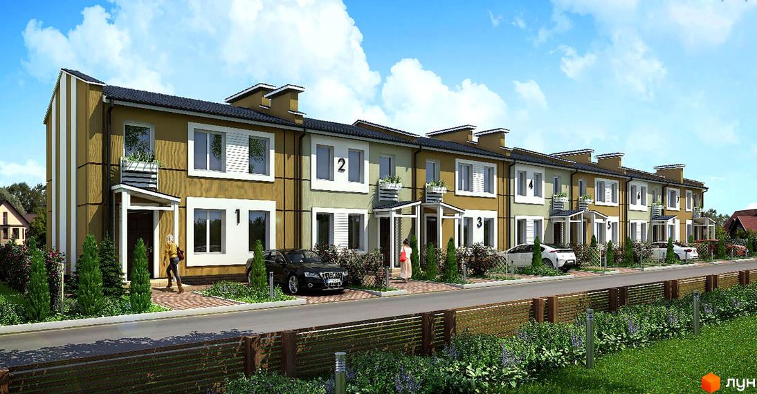 Ряд двоповерхових таунхаусів „Мозаїк“ з різнокольоровими фасадами та білими вікнами. Перед будинками доріжки, зелені насадження та припарковані автомобілі.