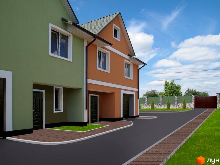 Зображення таунхаусів «Мозаїк». Двоповерхові будинки з зеленим та помаранчевим фасадом, акуратний двір з бруківкою та газоном.