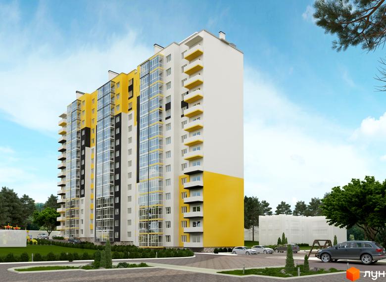 Житловий комплекс Струмок – висотна будівля з жовто-білим фасадом та скляними балконами. Навколо зелена зона, парковка та дитячий майданчик.