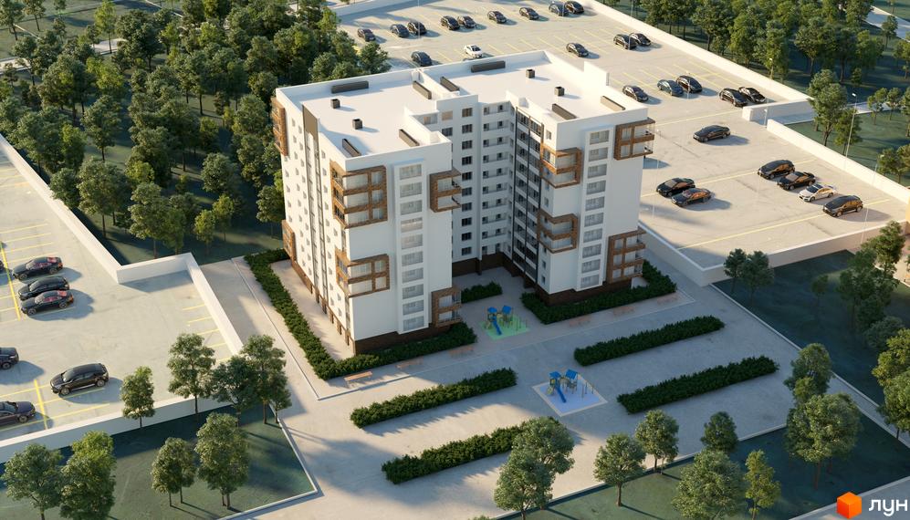 Зображення Житлового комплексу Олімпійський 2 з висоти пташиного польоту. Багатоповерховий будинок з паркінгом та дитячим майданчиком.