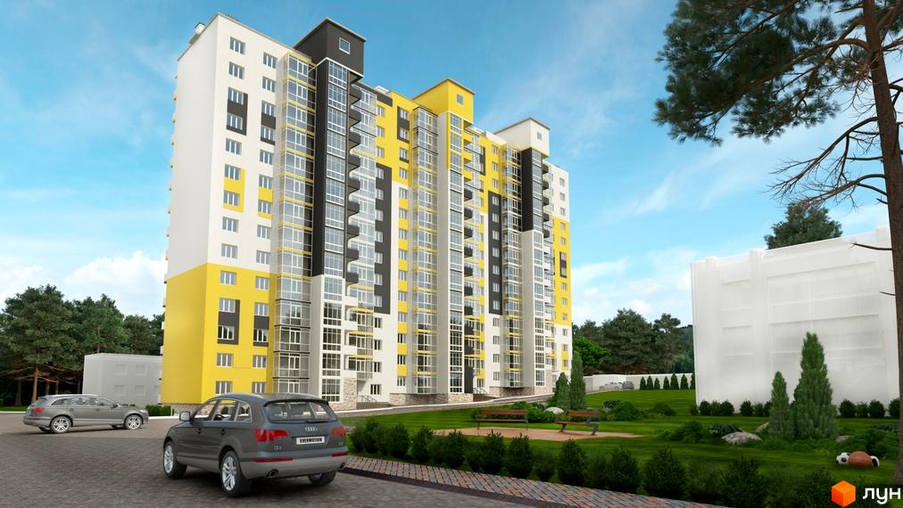 Житловий комплекс Струмок: висотна новобудова з жовтими та білими фасадами, великою кількістю скління та балконів. Прибудинкова територія з зеленими насадженнями, лавками та доріжками.