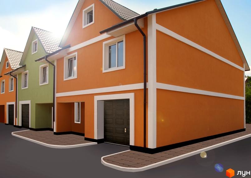 Зовнішній вигляд таунхаусів «Мозаїк» з гаражами. Двоповерхові будинки пофарбовані в помаранчевий та зелений кольори, перед будинками тротуарна плитка.