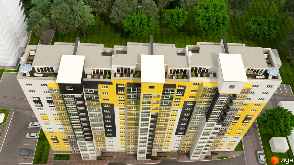 Висотна будівля Житловий комплекс Струмок з жовтими та білими фасадами. На даху є тераси з меблями, поруч зелені дерева та парковка.