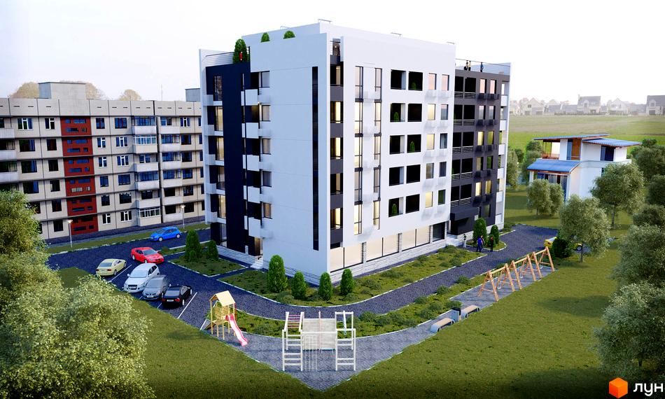 Клубний будинок Dream House з біло-чорним фасадом та великими вікнами. На прибудинковій території дитячий майданчик, гойдалки та зелені насадження.