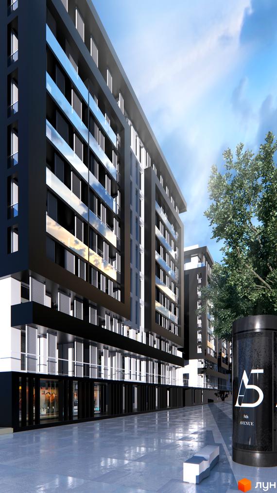 Житловий комплекс 5th Avenue з фасадом чорного кольору. На передньому плані бруківка та лавка, поряд з будівлею зелені дерева.