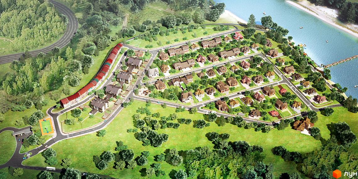 Зображення Котеджного містечка Коник з висоти пташиного польоту. На фото будинки з коричневими дахами та велика прибудинкова територія з деревами та газонами.