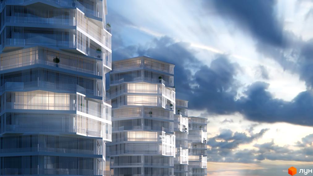 Житловий комплекс 5th Avenue з футуристичним дизайном. Багатоповерхові будинки з великими вікнами та балконами на тлі хмарного неба.