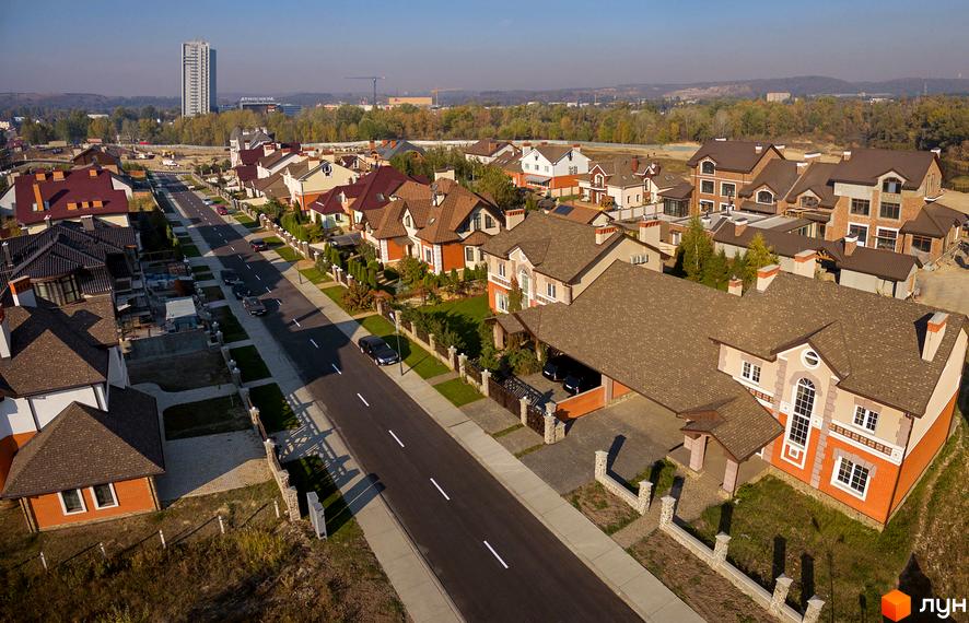 Вид зверху на Котеджне містечко Коник: будинки з коричневими дахами та світлими фасадами, доглянуті газони та широка дорога.