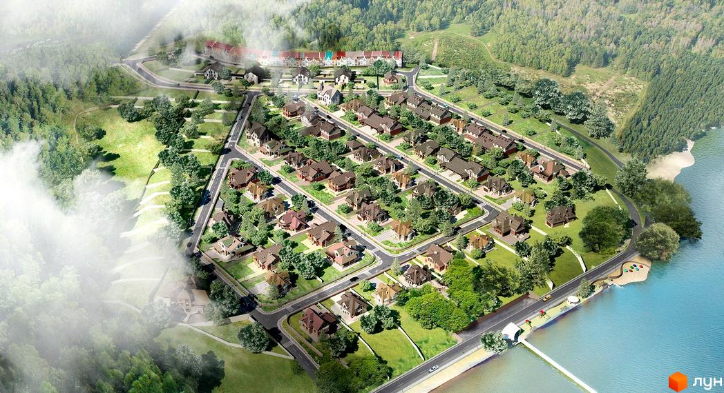 Панорамне зображення Котеджного містечка Коник з будинками з червоними дахами та зеленими насадженнями. Вид на прибережну зону та облаштовану територію.