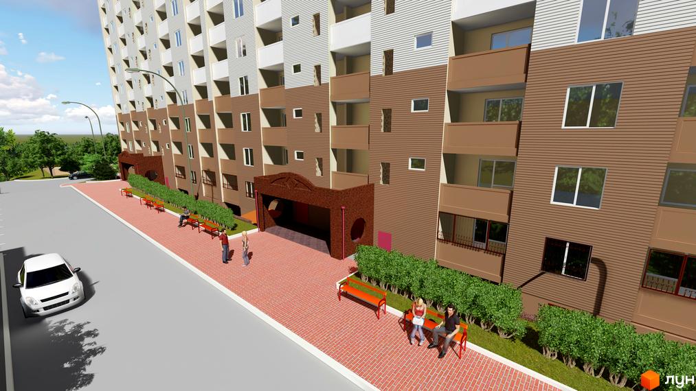 Зовнішній вигляд новобудови ЖК Ярославичі-2 з коричневими та білими фасадами. Прибудинкова територія з зеленими насадженнями та місцями для відпочинку.