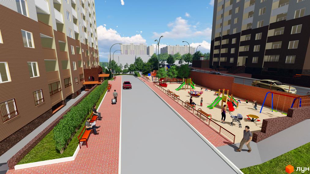 Житловий комплекс Ярославичі-2: фасади будинків та дитячий майданчик з гойдалками та гірками. Територія комплексу облаштована лавками та зеленими насадженнями.