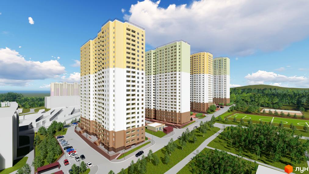 Житловий комплекс Ярославичі-2: сучасні багатоповерхові будинки з жовтими та білими фасадами, зелені зони та спортивні майданчики.