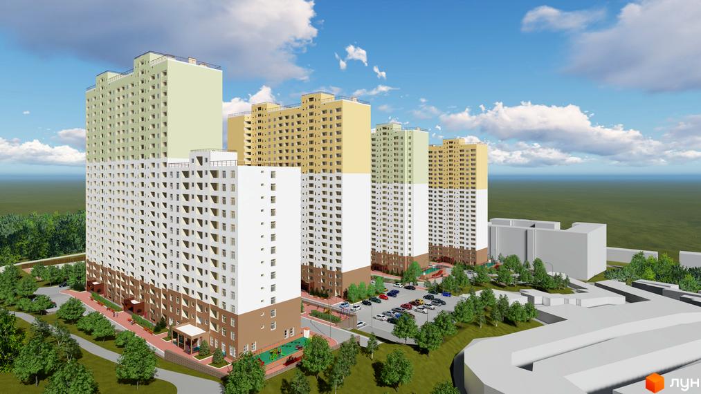 Житловий комплекс Ярославичі-2: багатоповерхові будинки з білими та жовтими фасадами, зелені зони та паркінг. Сучасний житловий квартал з дитячими майданчиками та місцями для відпочинку.