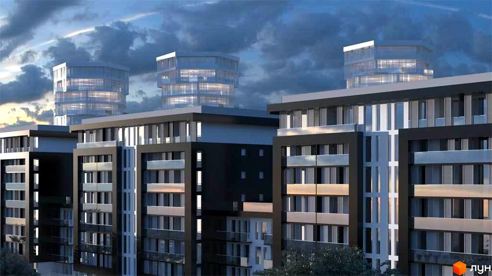 Житловий комплекс 5th Avenue. Багатоповерхові будинки з панорамними вікнами та терасами. Архітектура в стилі мінімалізму.