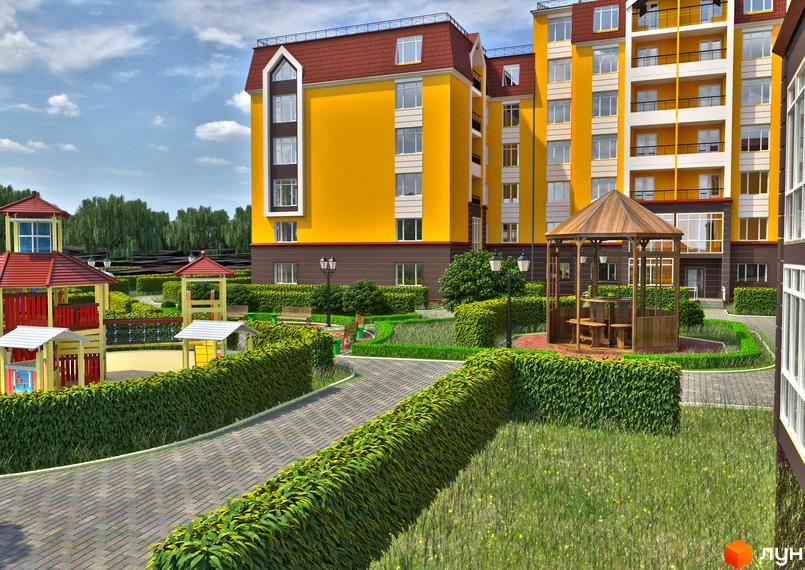 Житловий комплекс Тульчинський посад з жовтими фасадами та червоним дахом. На прибудинковій території дитячий майданчик, альтанка та зелені насадження.