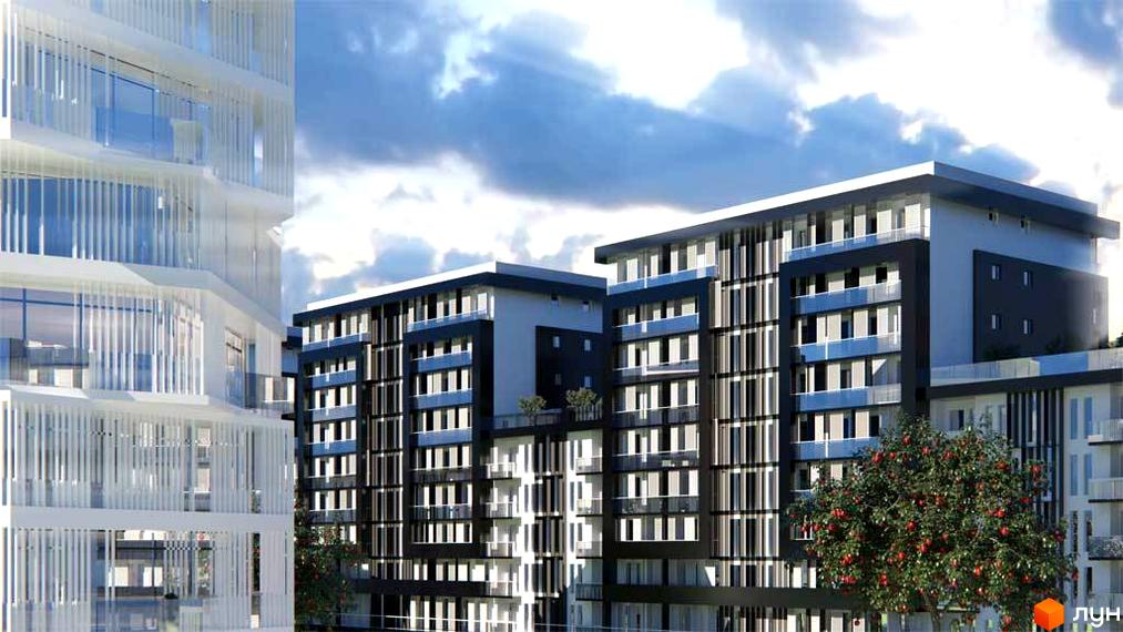 Житловий комплекс 5th Avenue з фасадами в темних тонах. На території комплексу є дерева з червоними плодами.