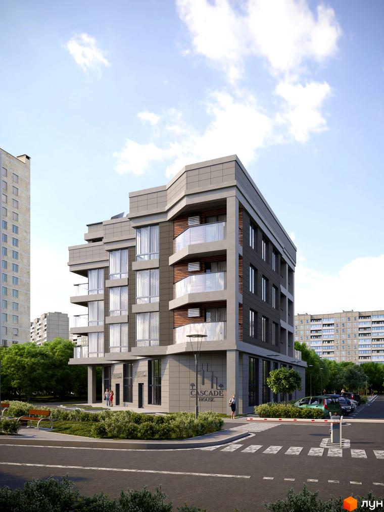 Житловий комплекс Cascade House з сірим фасадом та скляними балконами. Навколо зелена зона з деревами та зоною відпочинку.