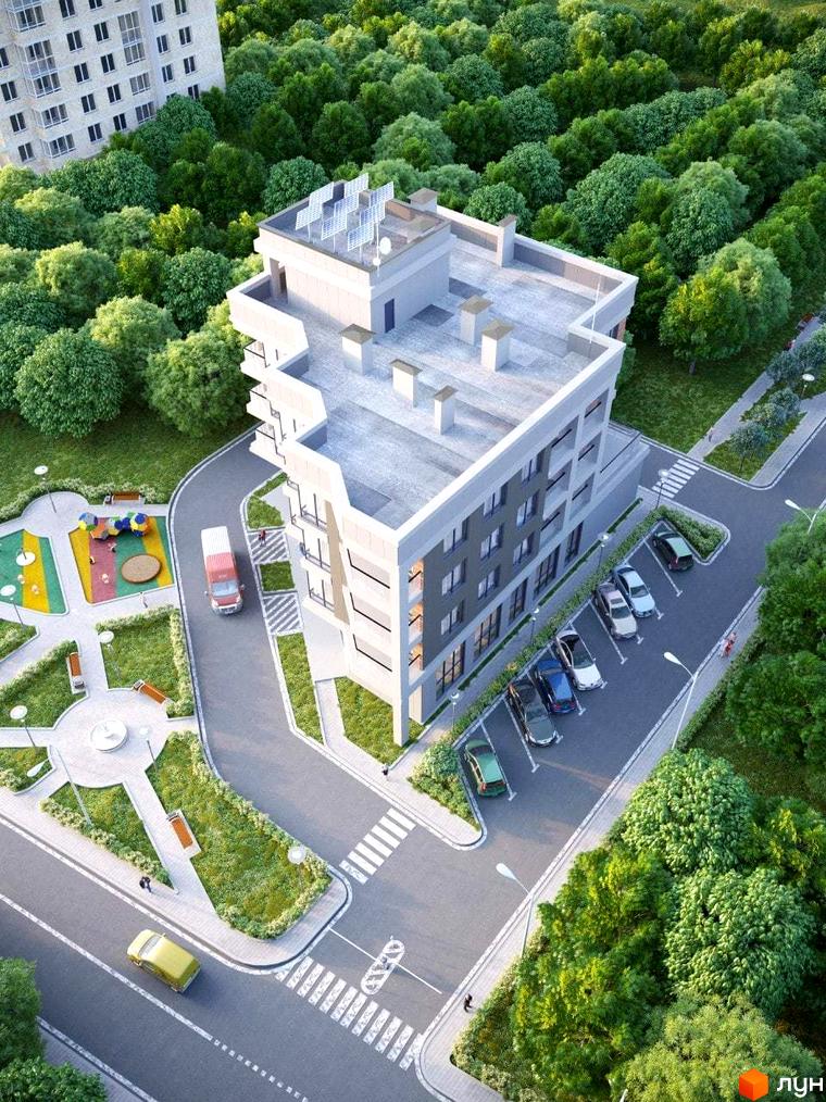 Житловий комплекс Cascade house з сонячними панелями на даху та дитячим майданчиком поруч. Парковка з автомобілями та зелена зона навколо будинку.