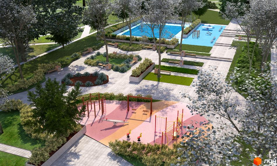 Житловий комплекс Sportcity з дитячим майданчиком та спортивним майданчиком. На території комплексу є зелені насадження, лавки для відпочинку та доріжки для прогулянок.