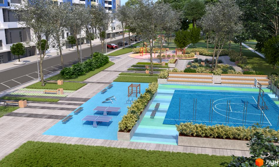 Житловий комплекс Sportcity з сучасним дизайном. На території комплексу є спортивні майданчики, зони відпочинку та озеленення.