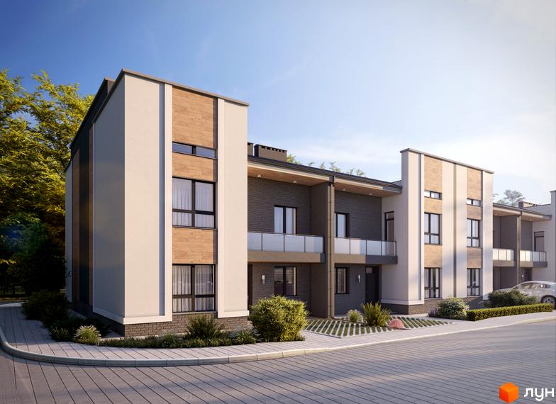 Зовнішній вигляд таунхаусів Family House з білими та дерев'яними фасадами, великими вікнами та балконами. Прибудинкова територія з бруківкою та зеленими насадженнями.