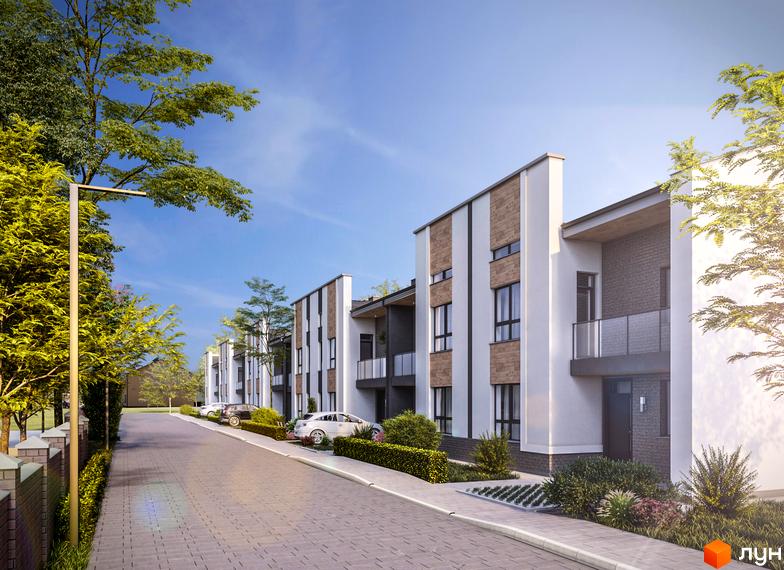 Таунхауси Family House з білою та дерев'яною обробкою фасаду, розташовані вздовж бруківки з прибудинковою територією та зеленими насадженнями.