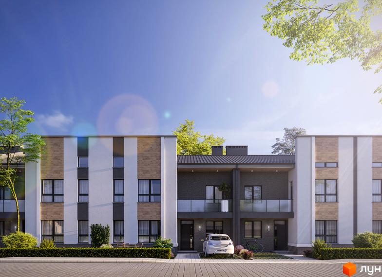 Зовнішній вигляд таунхаусів Family House з біло-сірими фасадами та дерев'яними вставками. Прибудинкова територія з доглянутими кущами, деревами та автомобілем.