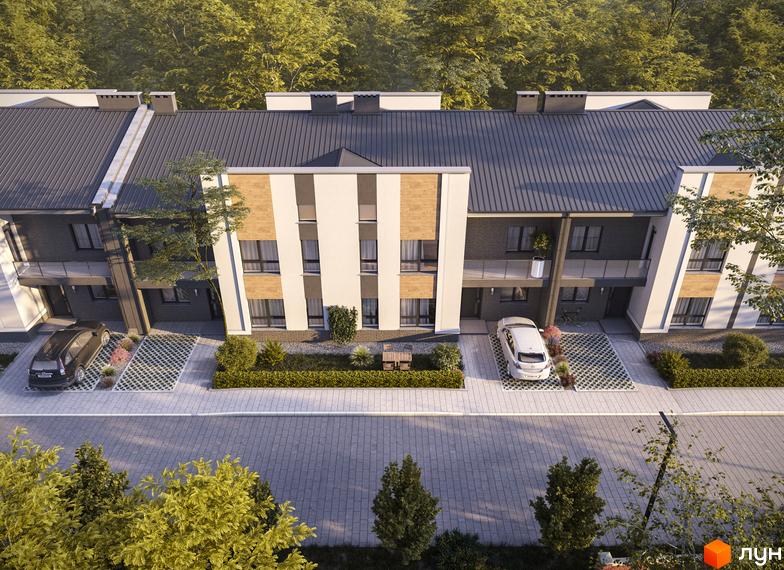 Таунхауси Family House: сучасний фасад з цегляними та білими елементами, великі вікна. Прибудинкова територія з парковкою, газоном та деревами.