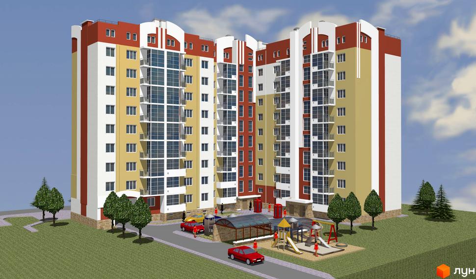 Зображення фасаду будинку за адресою вул. Жасминова, 5. На прибудинковій території розташовані дитячий майданчик, парковка та зелені насадження.