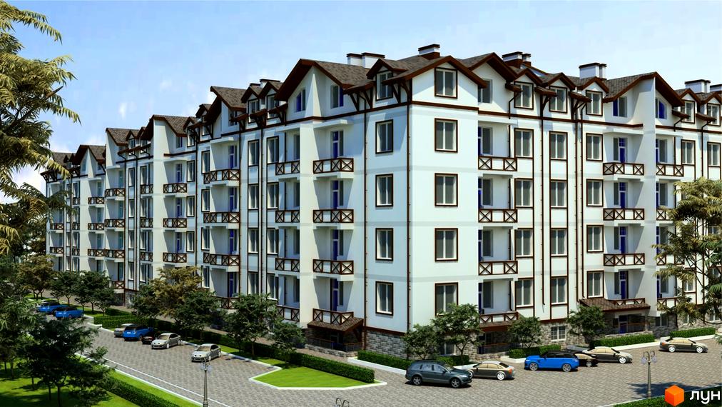 Зображення фасаду та прибудинкової території Житлового комплексу Австрійський. Багатоповерховий будинок з балконами та паркінгом.